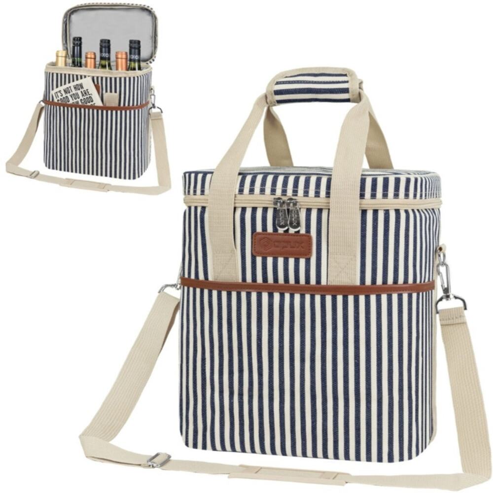 Opux 6 Bottle Carrier Tote Insulated Padded Wine Cooler Bag Stripe Navy